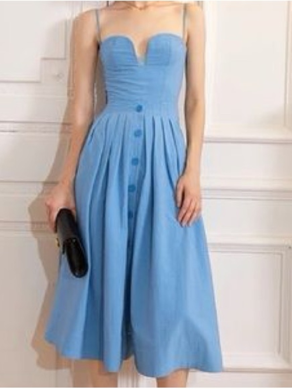Sweetheart Button-Front Midi Dress in Dusty Blue - Picture 2 of 9